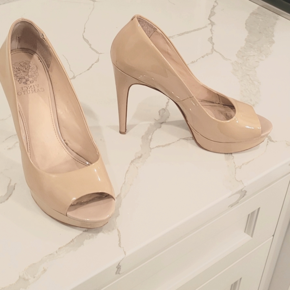 Nude Patent Leather Vince Camuto peep toe heels